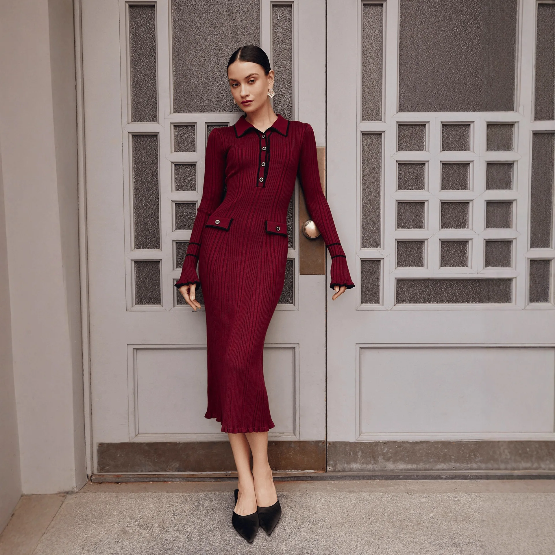ชุดเดรสยาวปานกลางผ้าถักลายร่อง - Bodycon Long Sleeve Ribbed Dress บทวิจารณ์และราคา