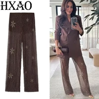 HXAO Pantalones de mujer 2025 Pantalones de tul con cuentas para mujer Pantalones holgados con lentejuelas Nuevo en pantalones Primavera Verano Pantalones semitransparentes para mujer 088