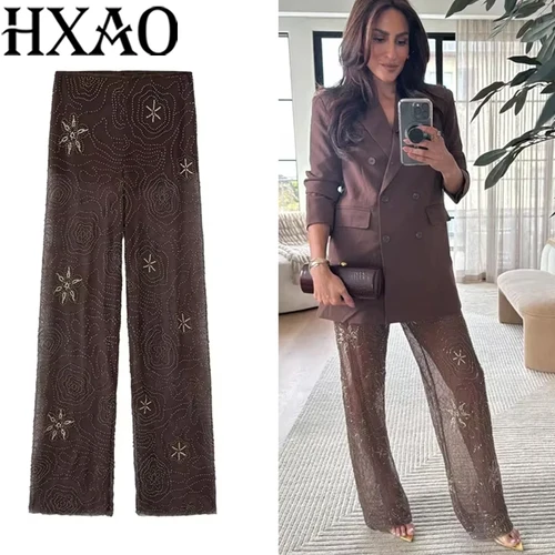 HXAO Pantalones de mujer 2025 Pantalones de tul con cuentas para mujer Pantalones holgados con lentejuelas Nuevo en pantalones Primavera Verano Pantalones semitransparentes para mujer 088