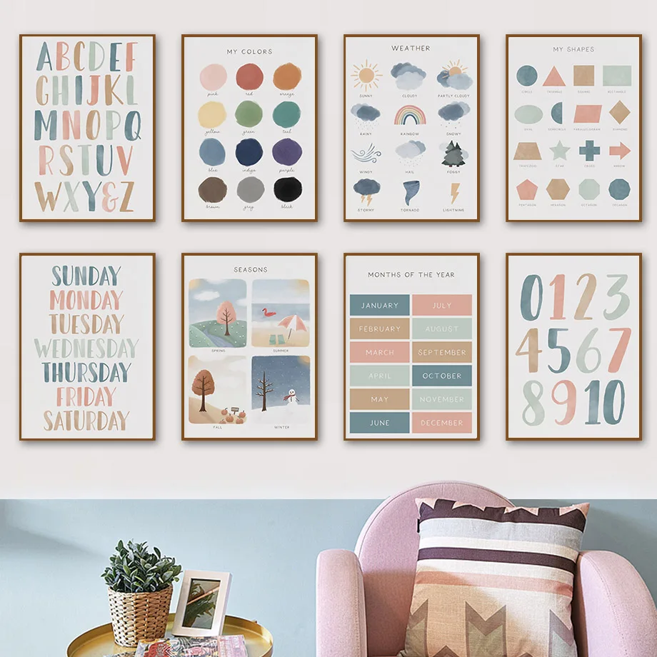 1PC--Seasons Weather Color Shapes Letters Wall Art Canvas Painting Nordic Posters And Prints Nursery Wall Pictures Kids Room
