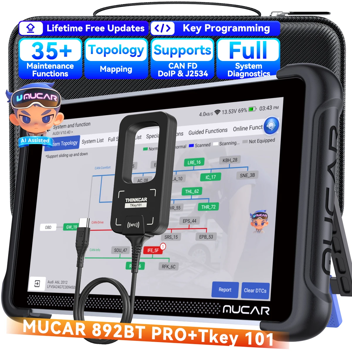MUCAR 892BT Pro Key Programming Tool Topology Mapping, ECU Coding Bi-directional CAN FD DOIP 35 Resets Lifetime Free Update