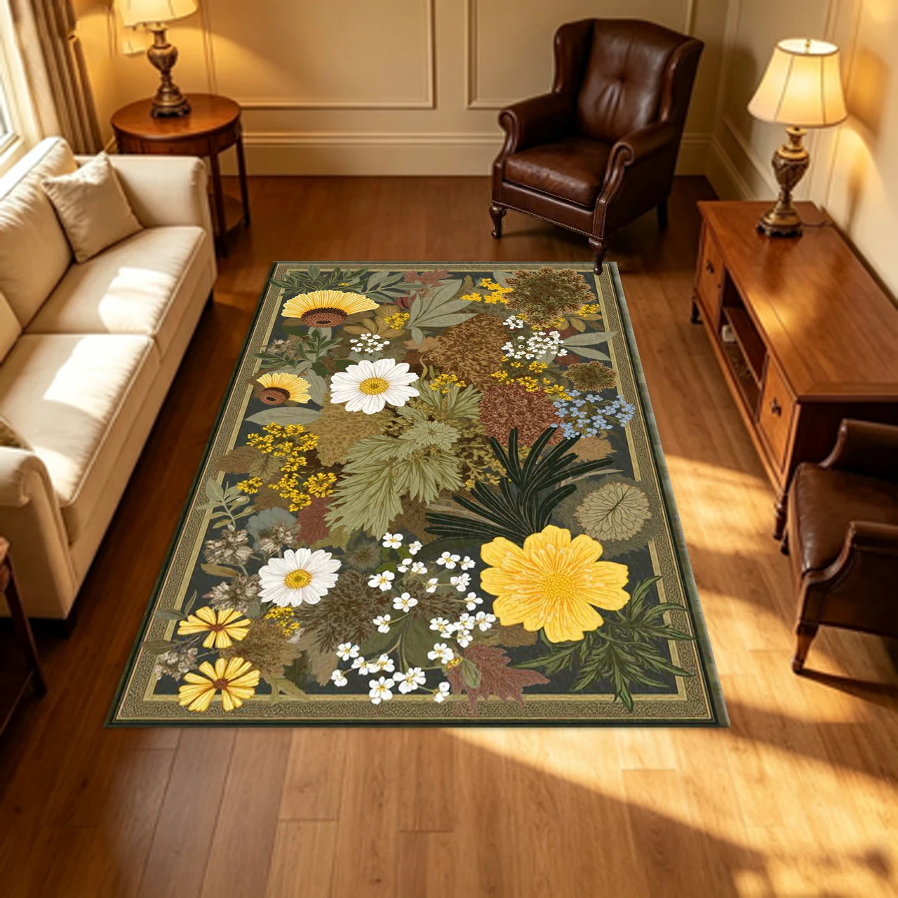 Dark Background Vintage Wildflower Bouquet Carpet Flooring Retro Botanical Art Household Indoor Decor Area Rug