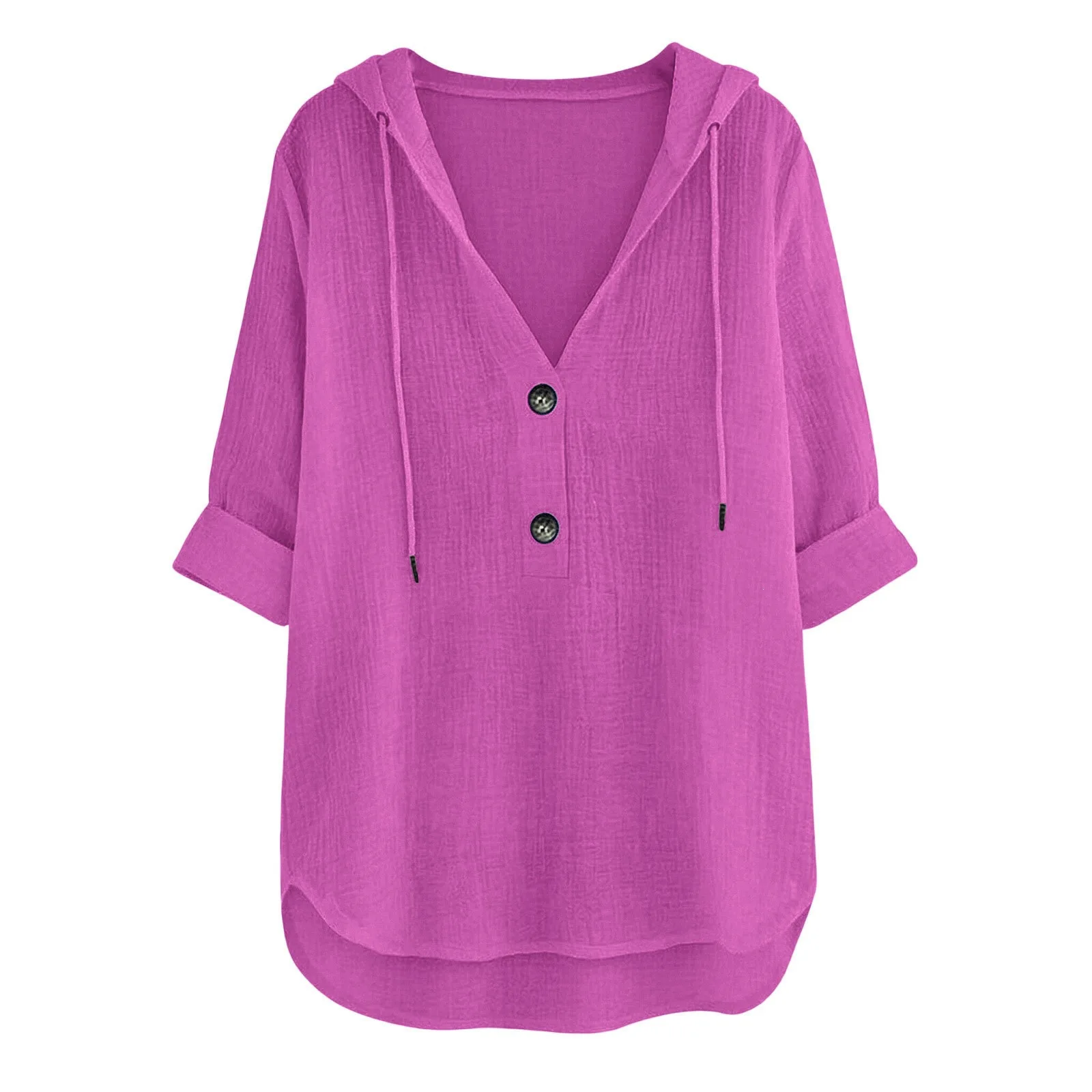 Women Hooded Drawstring V Neck Half Button 3/4 Sleeve Linen Cotton Blouse, Loose Textured Beach Vacation Shirt