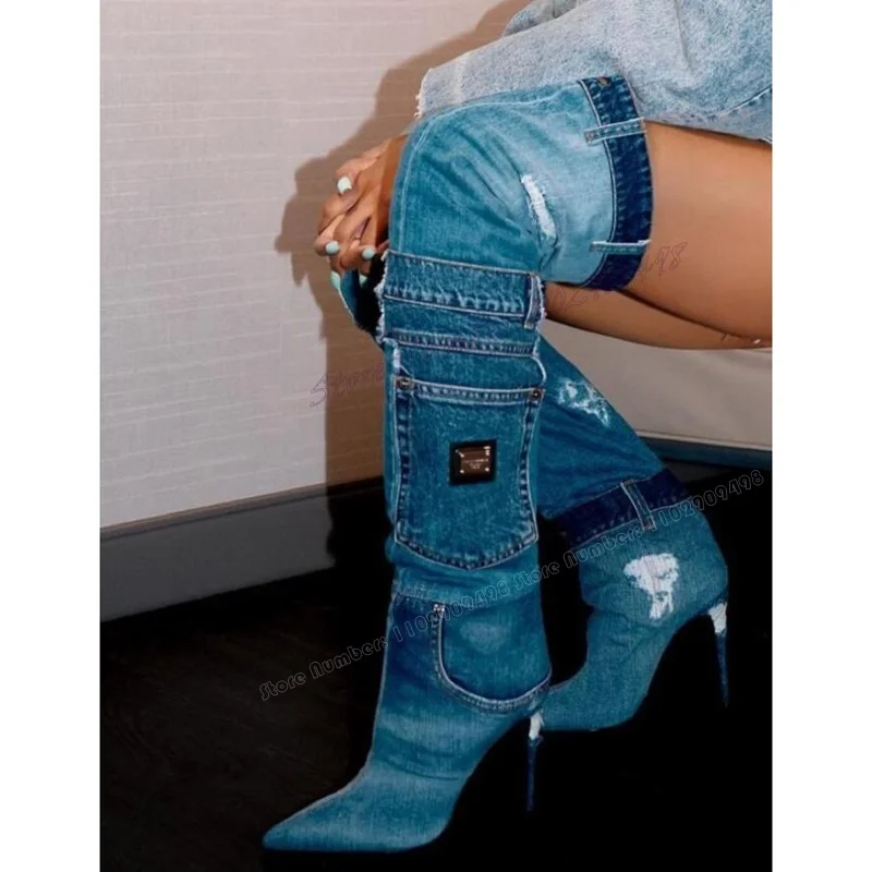 

Синие джинсовые сапоги выше колена с лоскутным узором, туфли с острым носком на тонком высоком каблуке для женщин, сексуальные туфли 2023, Zapatos Para Mujere