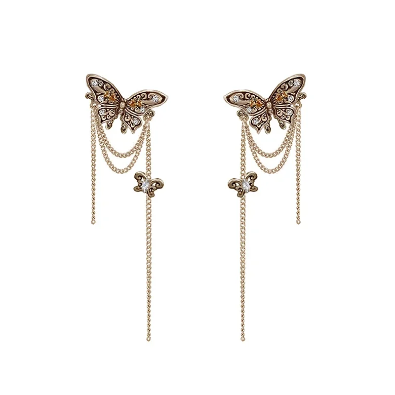 

Nostalgic series metal wind butterfly light luxury fringed stud earrings