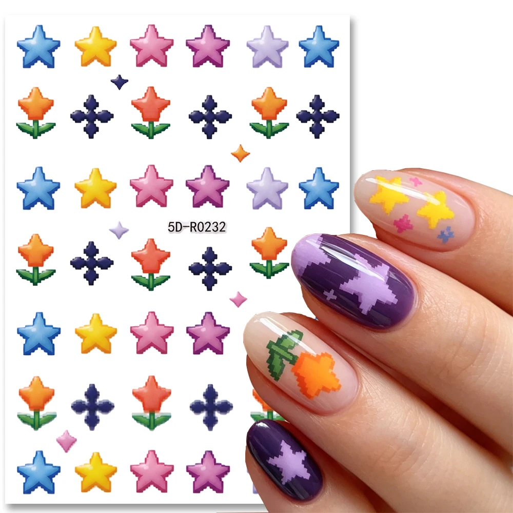 1pcs 5D Retro Pixel Star Flowers Nail Art Stickers Cute Macaron Colors Star Hraet Nail Decals Cartoon Love Tulip Kids Stickers