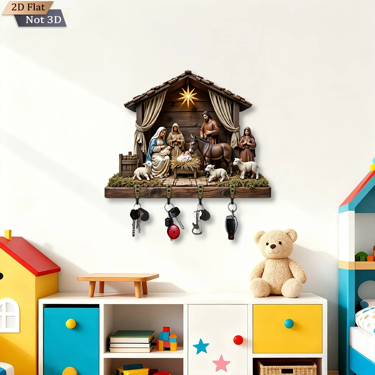 2D Flat, 1pc, Christmas Nativity Theme Key Hook Wooden Multifunctional Home Key Rack with 4 Metal Hooks, Wall Decoration, Porch