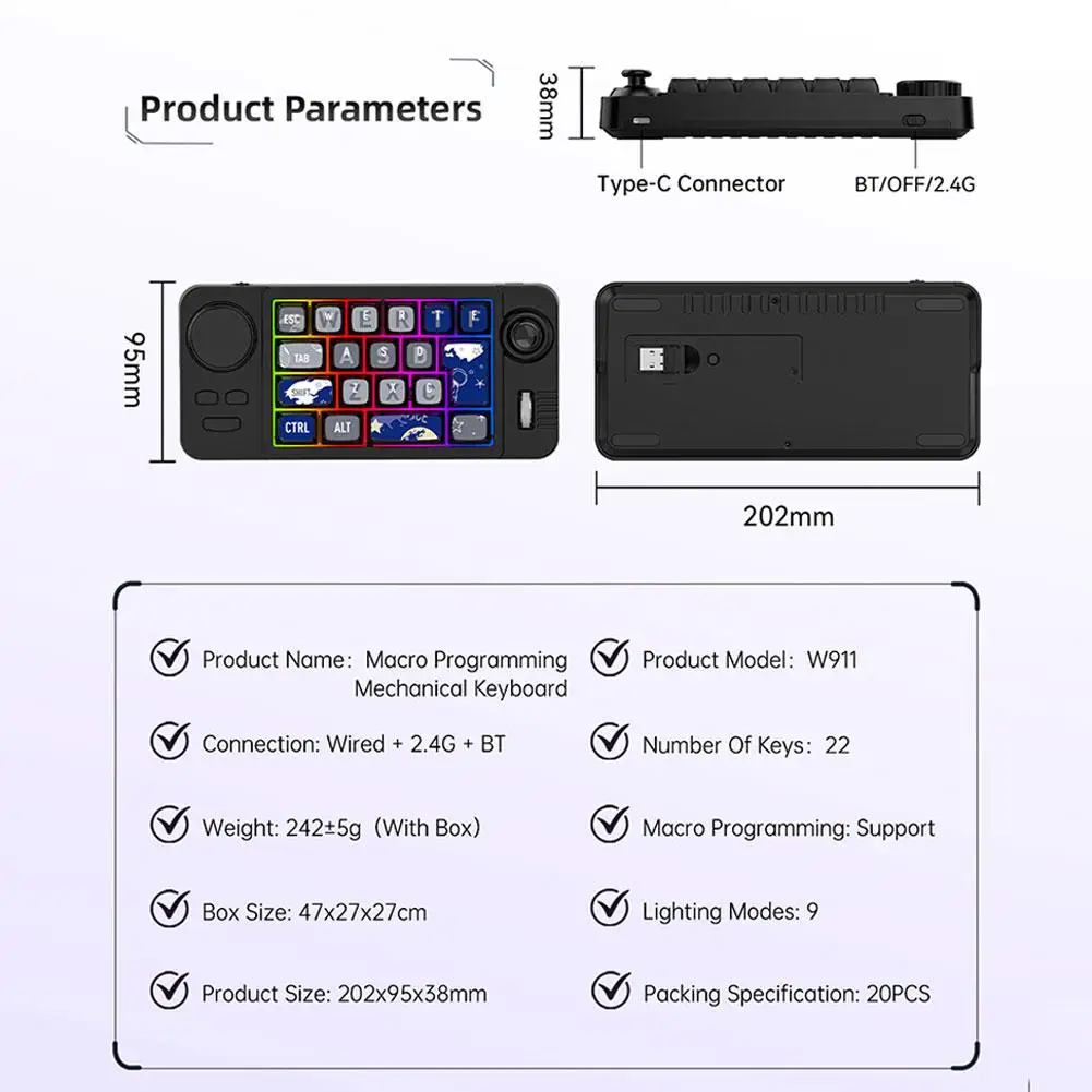 Mechanical Keyboard Three Mode RGB Macro Programming Hot-Swappable 22Keys Gaming Keyboard Volume Knob Joystick