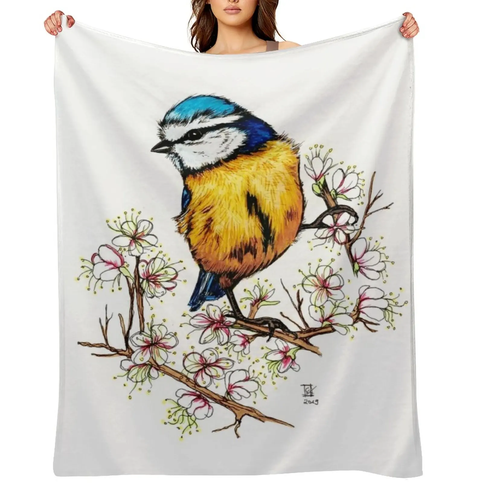 Blue tit with cherry blossoms Throw Blanket Personalized Gift Sofas Designers Shaggy Blankets