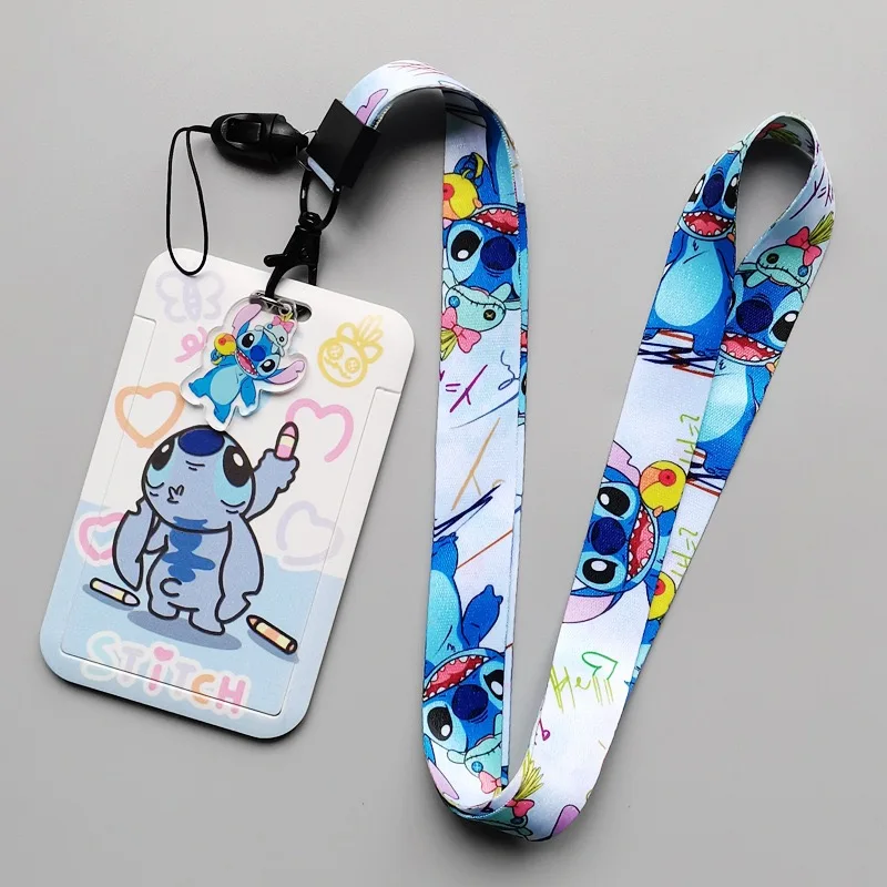 Disney Stitch Penutup Kartu PVC Tas Leher Gantung Kampus Pelajar Tempat Kartu Lanyard Tempat Kartu ID Gantungan Kunci 01 ﻿