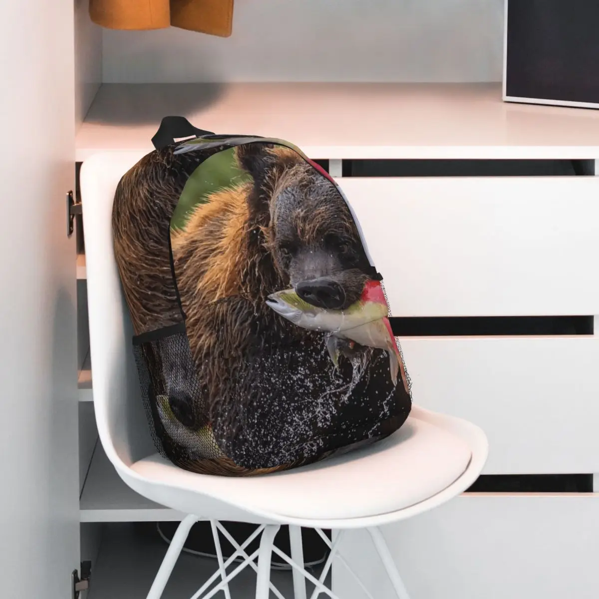 Grizzly Bear Nature Eating Fish In A Stream Backpack Student BookBag Children School Bag Computer Shoulder Bags for Men Women