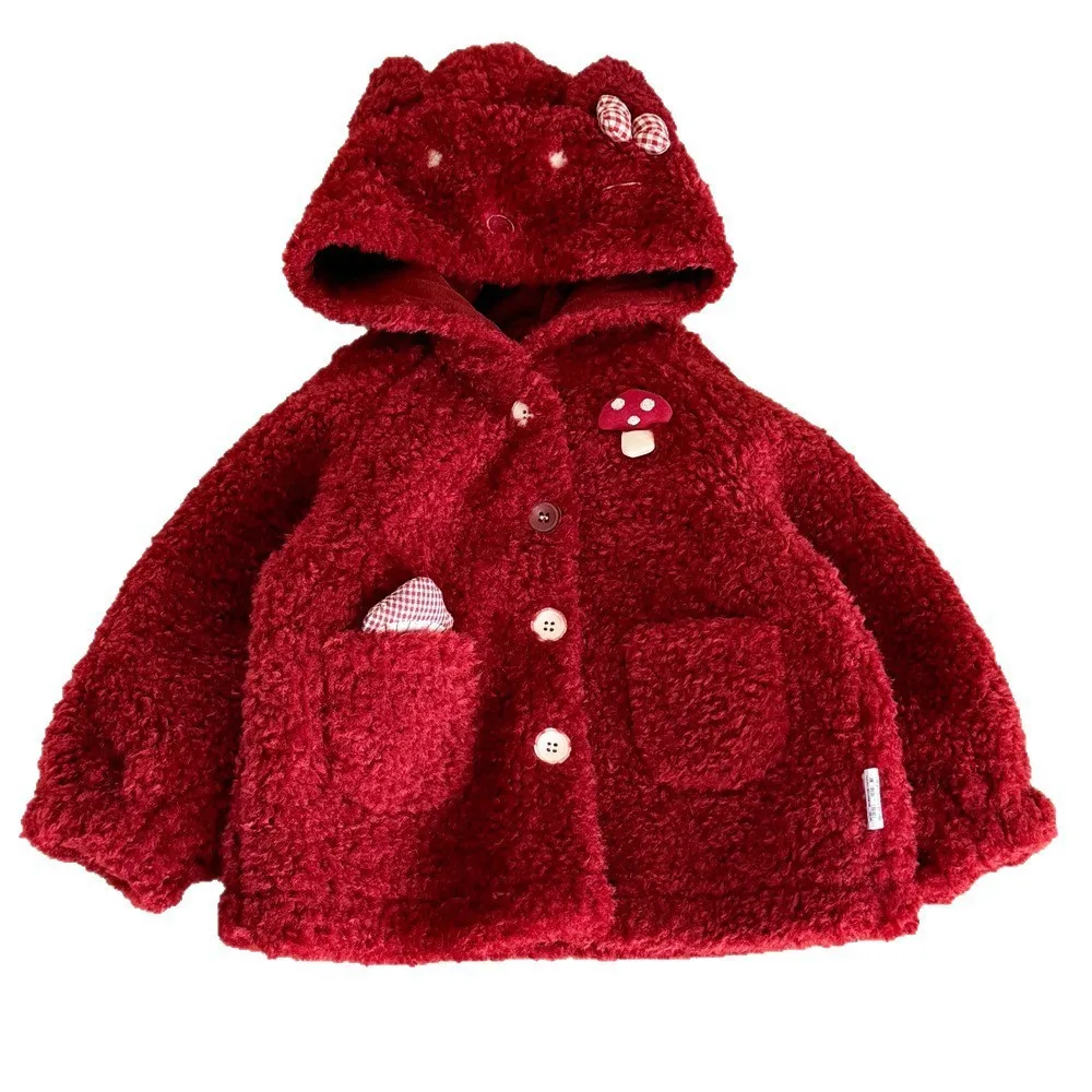 2025 الخريف/الشتاء الحلو ولطيف الأحمر السنة الجديدة وعيد الميلاد القوس الفطر الفتيات معطف الطفل هزة الصوف الاطفال هوديي معاطف