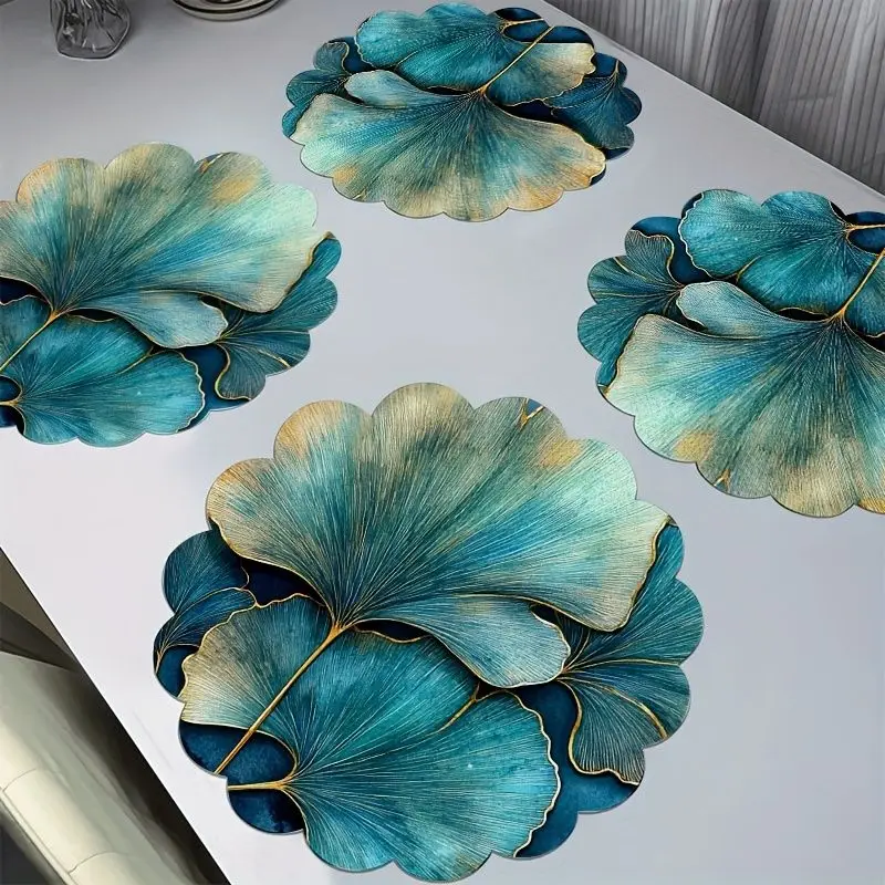 VIKAMA Ginkgo Leaf Blue Gold Placemat Teal Foliage Golden Vein Wavy Edge Botanical Table Mat Dining Decor Heat Resistant Cute