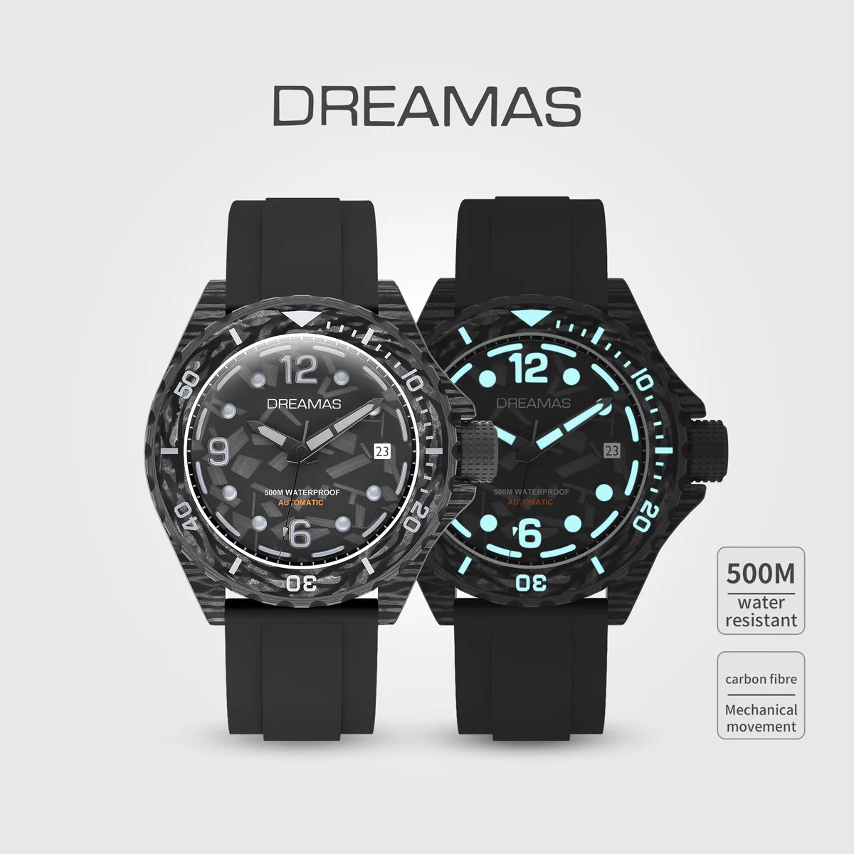 

DREAMAS Men's Carbon Fiber Automatic Mechanical Wristwatch Diving Watch Swiss Luminous 500m Water-Resistant D0382G1 D0382G3