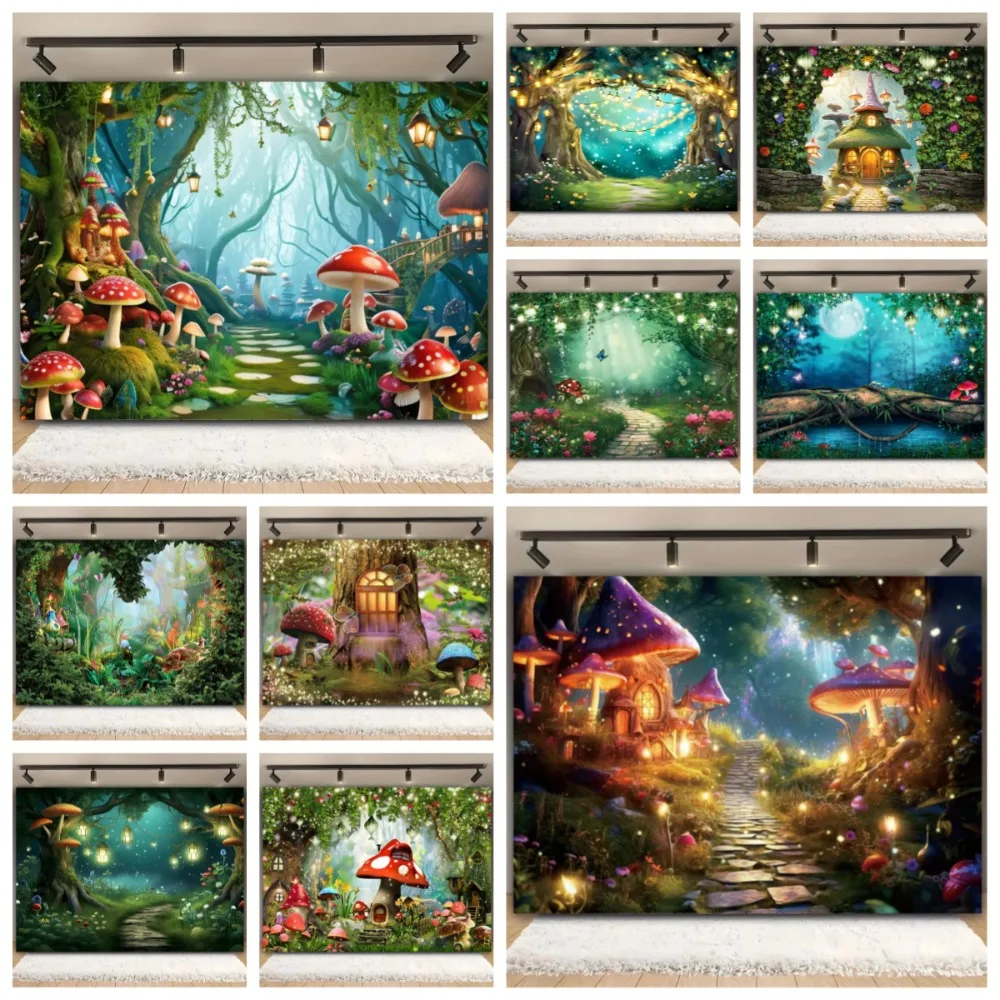 

Dreamy Natural Jungle Wonderland Mushroom House Theme Backdrop, Children's Birthday Party Decoration Photography Backdrop Cloth