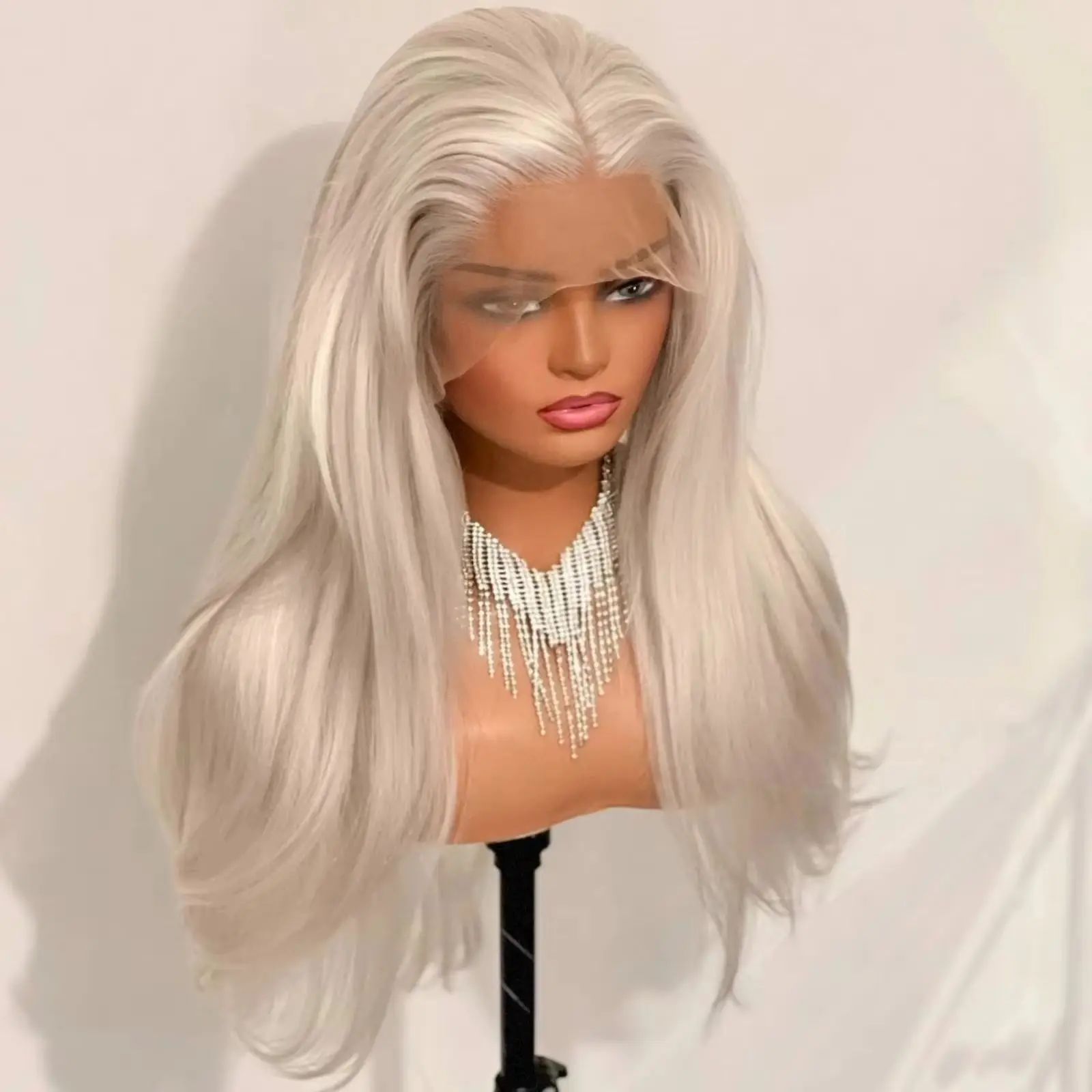 White Long Straight Universal Hand Hooked 13×4 Lace Front Wig Synthetic Hair Glueless Preplucked Wig for Cosplay Daily For Women