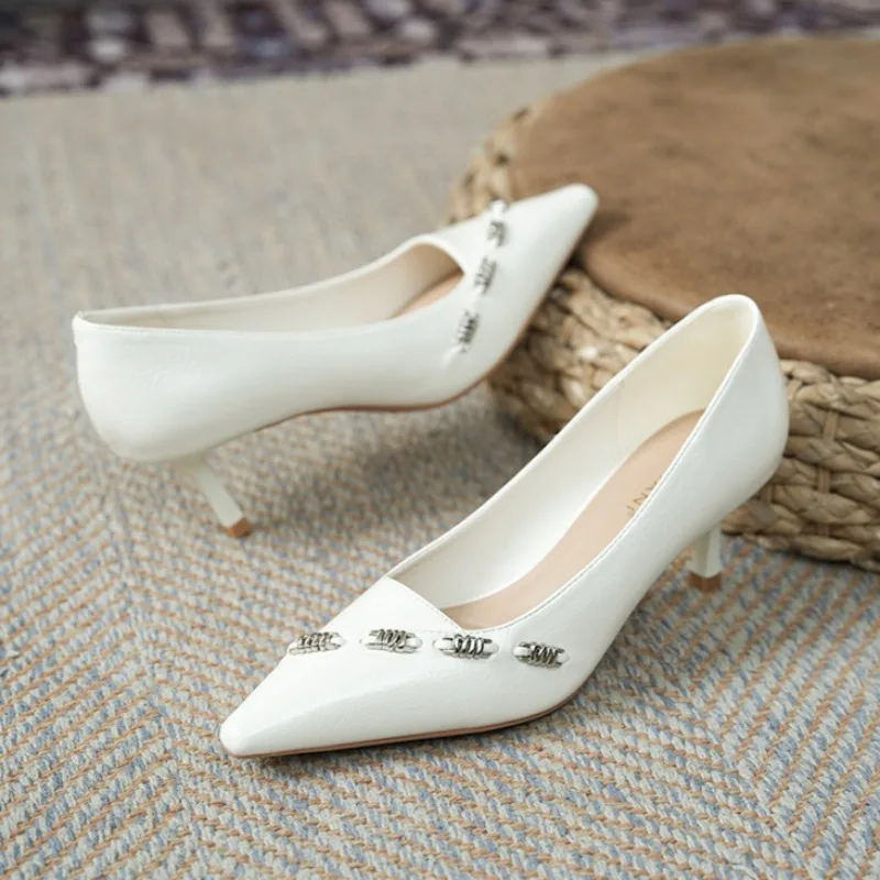 Metal Decoration Elegant Women High Heels Pointed Toe Pumps Shallow Comfort Dress Shoes Fashion 2026 New Heels Office Shoes