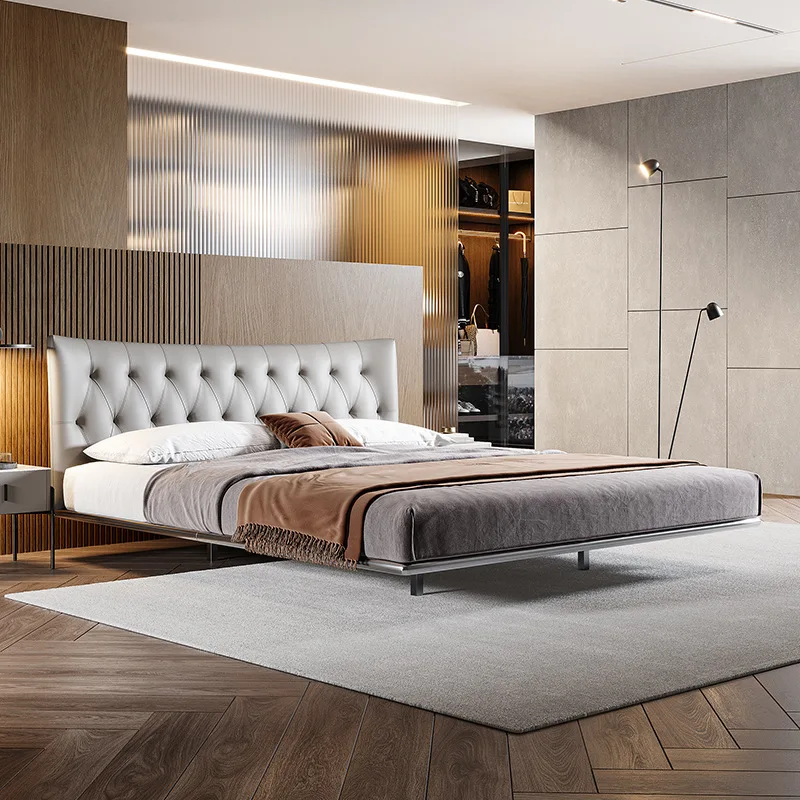 

Small apartment leather bed first layer cowhide modern simple double bed master bedroom queen bed marriage bed suspended bed