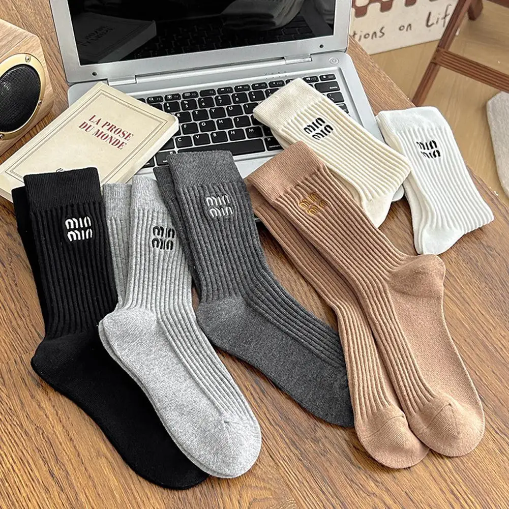 Embroidered Letter Winter Socks Women High Barrel Striped Thin Stacked Socks Knitting Solid Color Korean Japanese Stockings