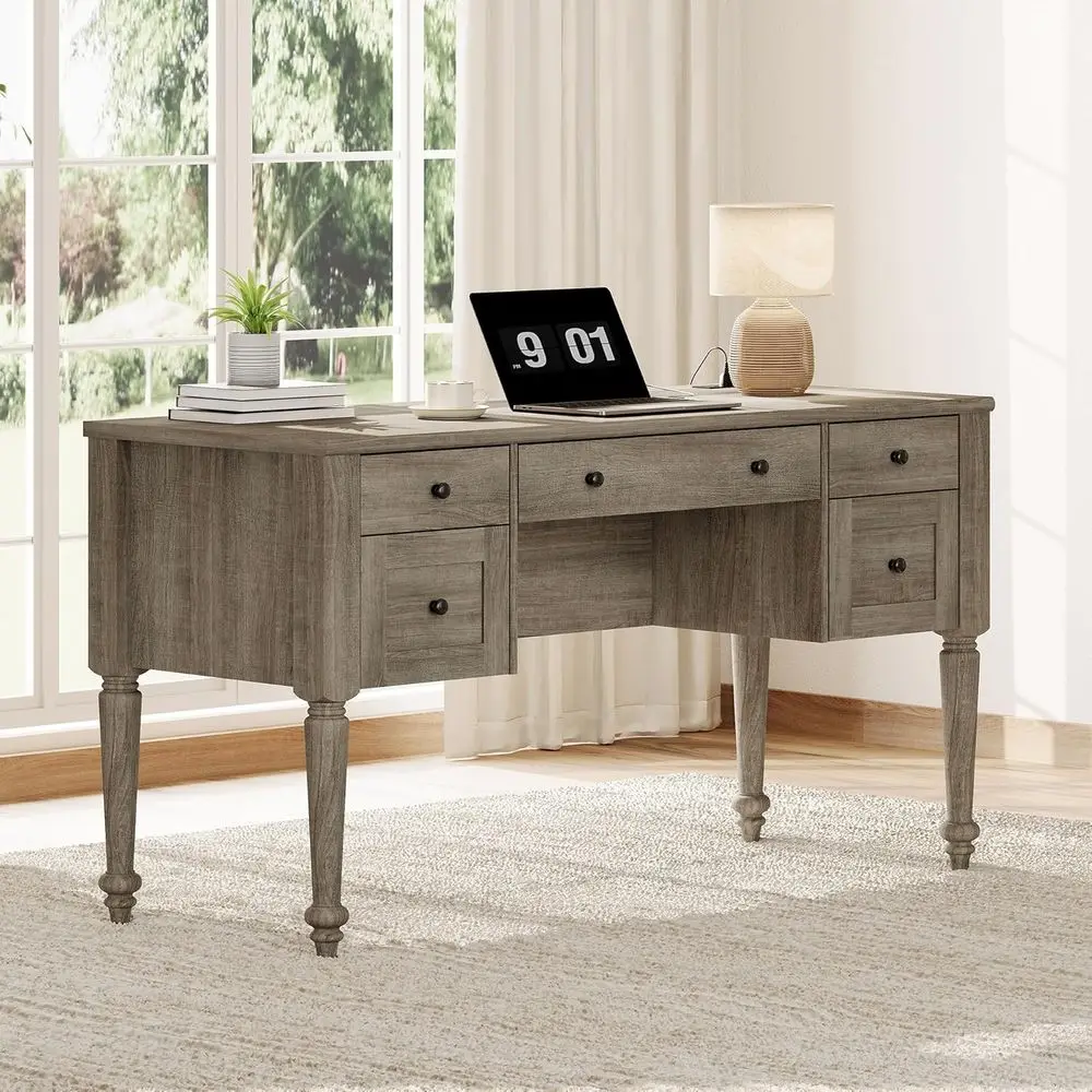 

Executive Desk with 5 Drawers, Home Office Desk with Charging Station, Wood Desk with Cabinet Storage, Door, Open Shelf, Work an