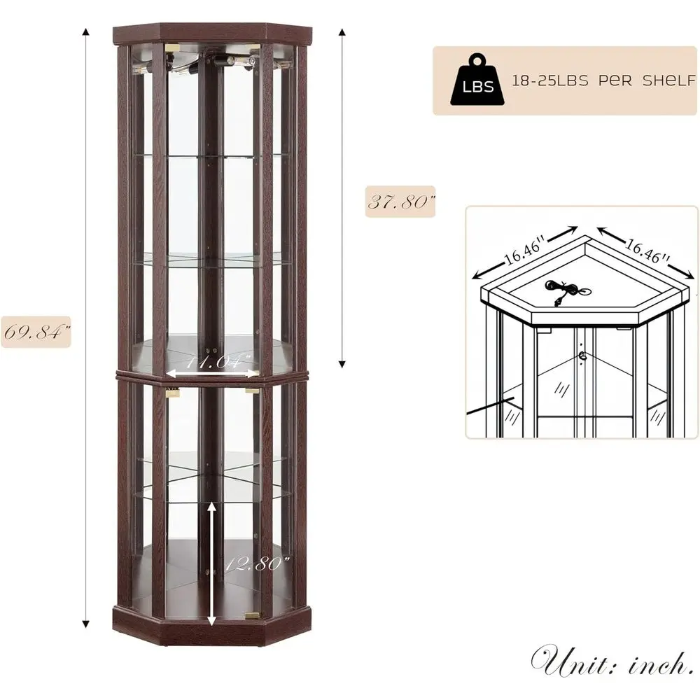 70 Glass Curio Cabinet with 5 Adjustable Shelves, Tempered Glass Door, Cherry Finish view 2