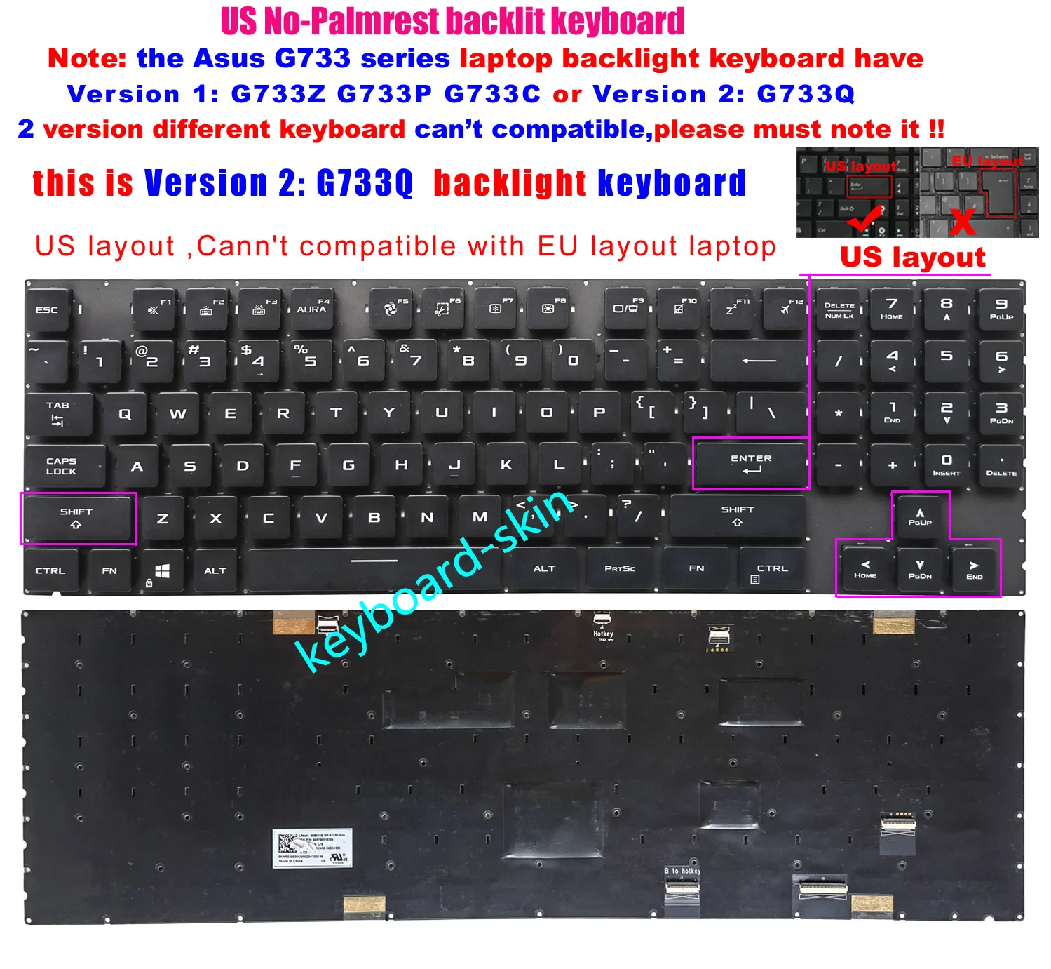 New interface US Backlit No-Palmrest Keyboard For Asus ROG Strix Scar G17 G733Q G733QS G733QR G733QSA G733QSA-XS99 laptop
