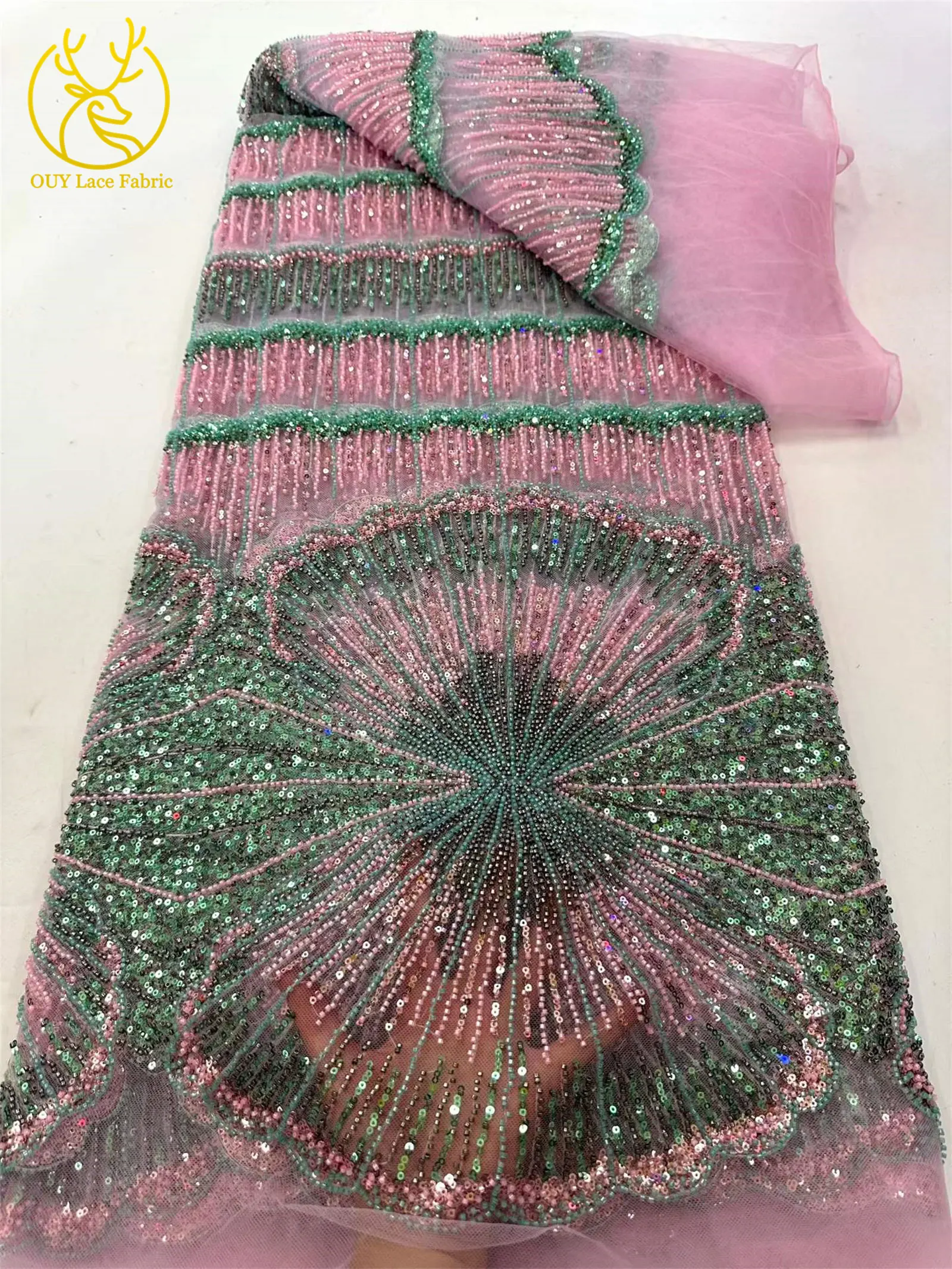 Luxuriöser Gold-Lila Afrikanischer Perlen-Pailletten-Spitzenstoff 5 Yards Exquisiter Französischer Nigerianischer Tüll-Spitzenstoff für Abendkleider und Hochzeitskleider – Detail 13