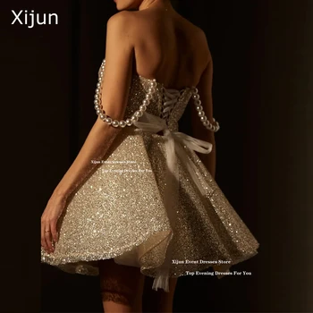 Xijun Glitter Kısa Abiye İnciler Sevgiliye A-Line Mini Gelinlik Modelleri Dantel up Geri Doğum Günü Partisi Elbiseler Özelleştirilmiş