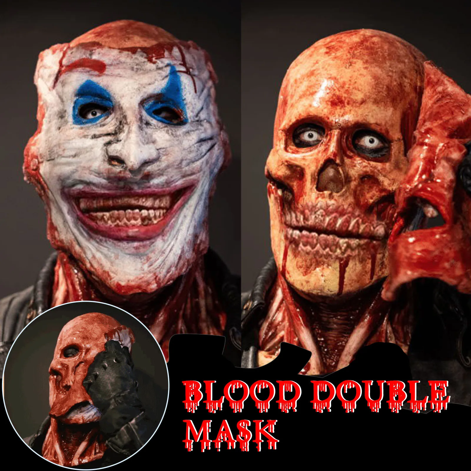 2024 New Halloween Double Rip Mask Bloody Scary Skeleton Latex Mask Scary Cosplay Party Mask Mascara Halloween Acessories