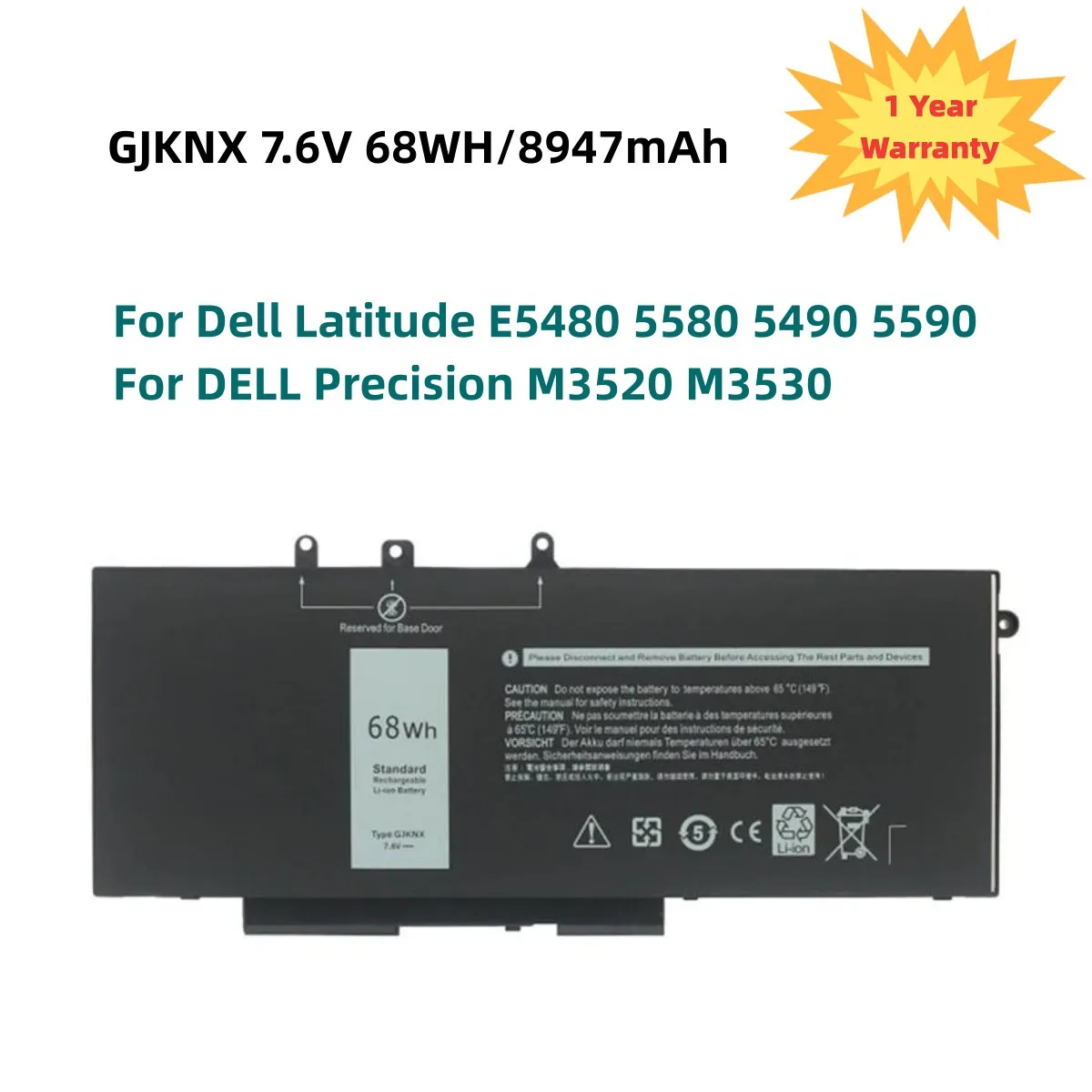 

GJKNX Laptop Battery For Dell Latitude E5480 5580 5490 5590 For DELL Precision M3520 M3530 GD1JP GJKNX 7.6V 68WH