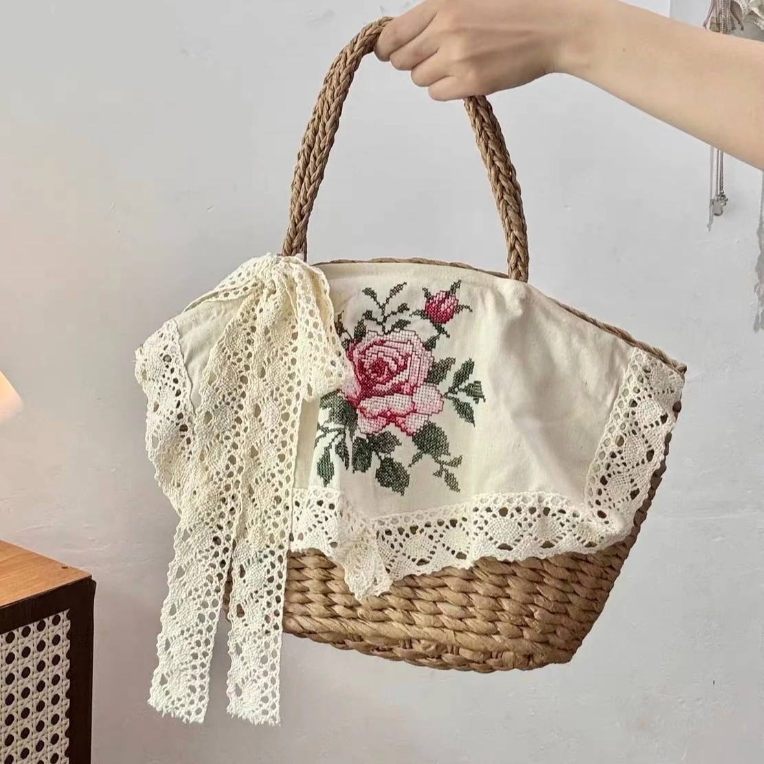Japanese original Lolita bag French pastoral woven handbag Y2K women's summer vacation small fresh rose embroidered shoulder bag