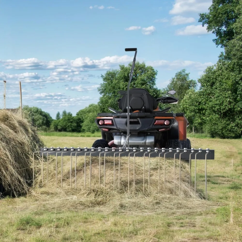 60 Pine Needle Rake Tow Behind, Lawn Tractor Straw Rake Fit for ATV, 24 Tines, Black&Gold