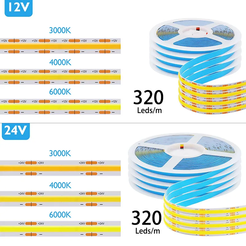 شريط LED مرن 12 فولت/24 فولت COB، 320 مصباح LED/م، مناسب لتزيين الغرفة أضواء LED RA90 عالية الكثافة، أبيض/دافئ/ضوء محايد. #4