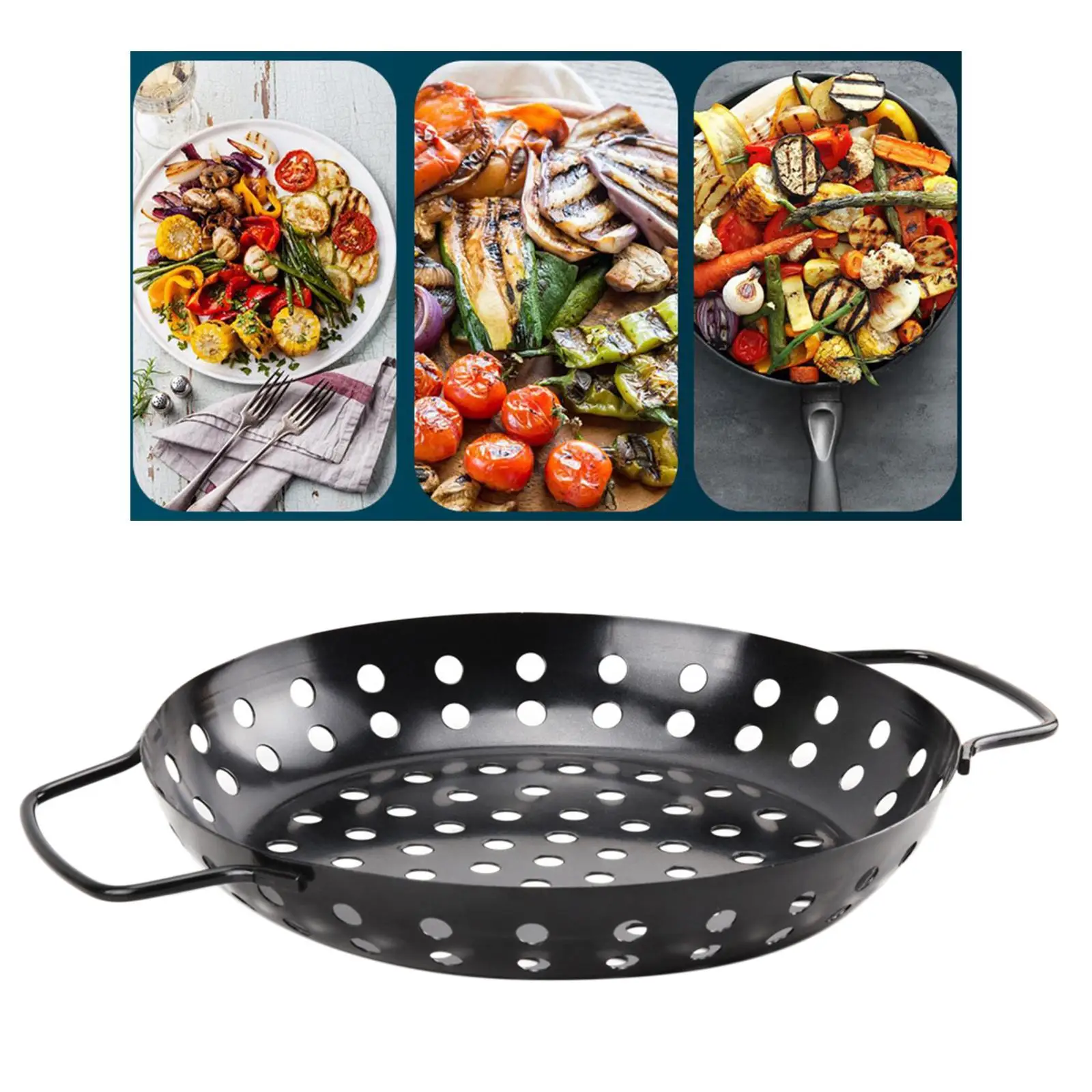 BBQ Grill Pan for Veggie Meat Fruits Roasting with Non Stick Coating - Pizza Grilling Tray - Barbecue Accessories