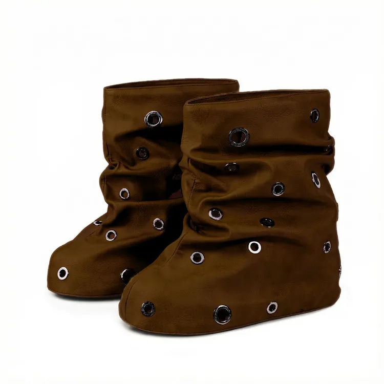 Women Slouch Mid Calf Boots Round Toe Metal Eyelet Platform Hidden Wedge Pull On Winter Goth Streetwear Dress Boot F620