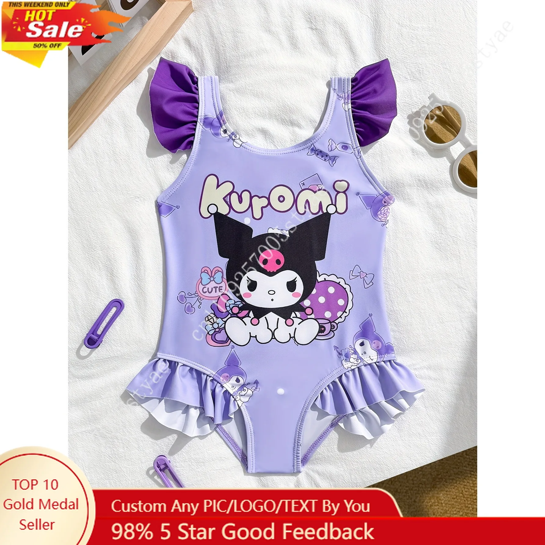 

Kuromi Girls' Cute One-piece Swimsuit with Sleeve Ruffle Trim Slim Fit High Elastic Bathing Suit Machine Washable for Beach