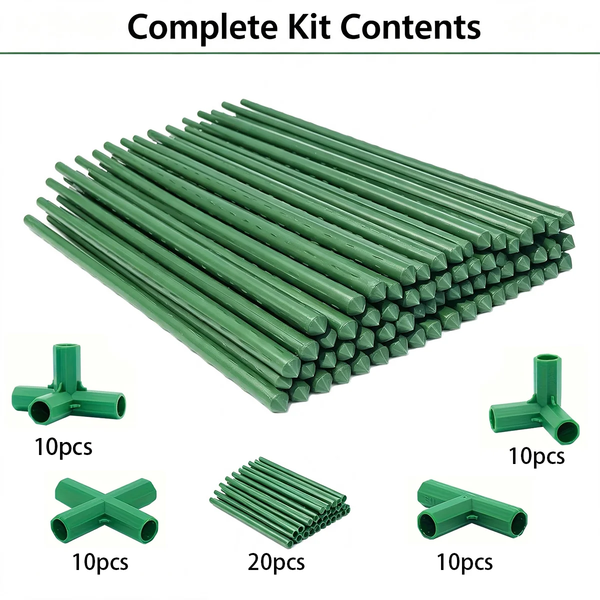 Garden Plant Support Pole Set: 20 plant support poles with 40 plastic connectors. Suitable for building garden trellises.