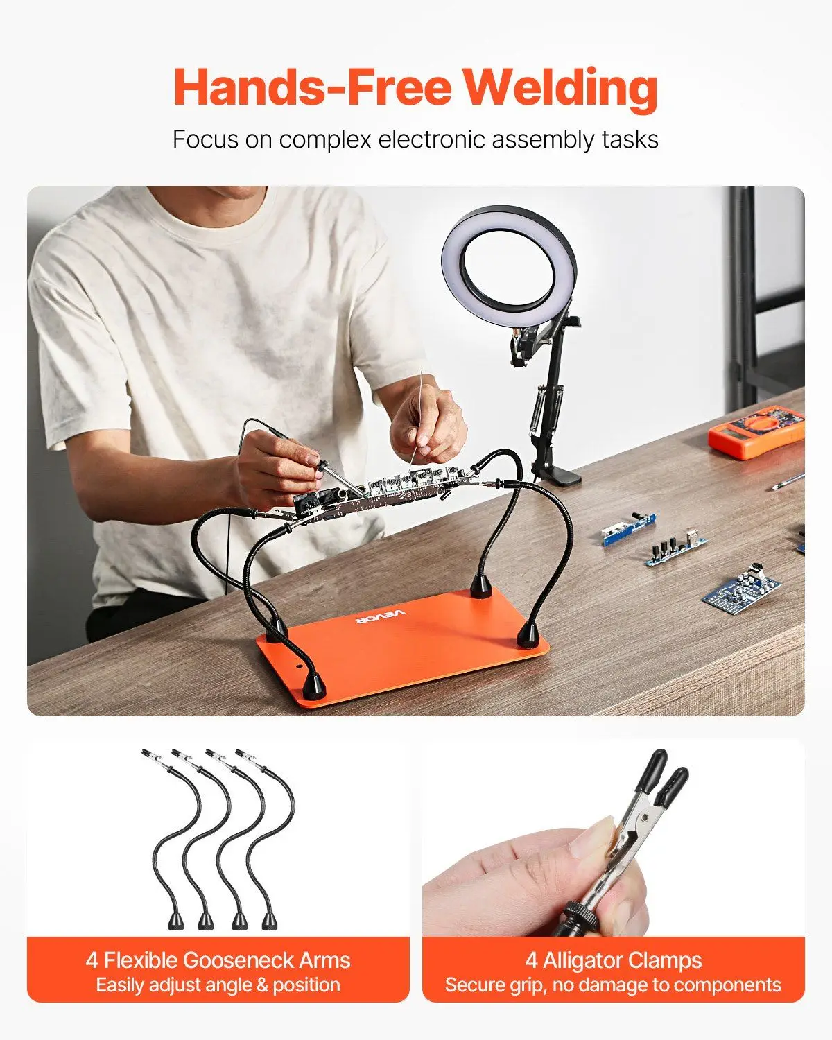 Magnetic 4-Arm Helping Hands with 3X LED Magnifying Glass, Adjustable Lighting Soldering Aid Station Tool