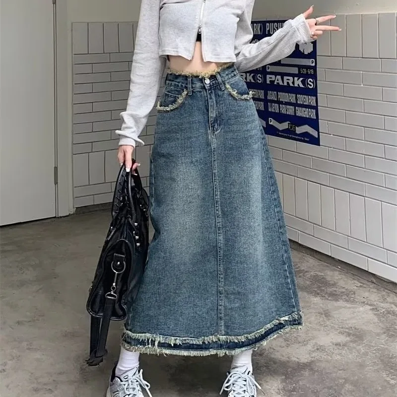 Women\'s Long Denim Skirt Retro Burlap High-waisted Cowboy Skirt Streetwear Trend Fashion Loose Large Size A-line Y2k Jean Skirt