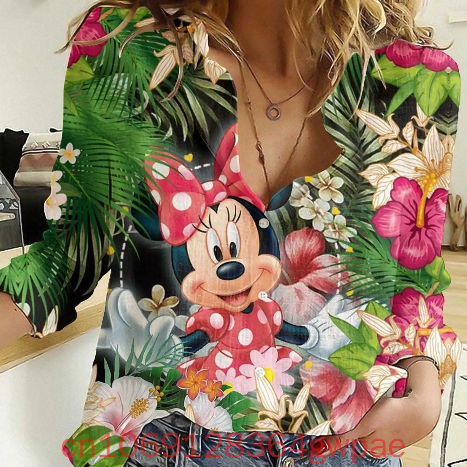 Urocza koszula damska Minnie Mouse Casual Button Up Long Sleeve Shirt Tops Disney Summer Vacation Women Fashion 3d Hawaiian Shirts