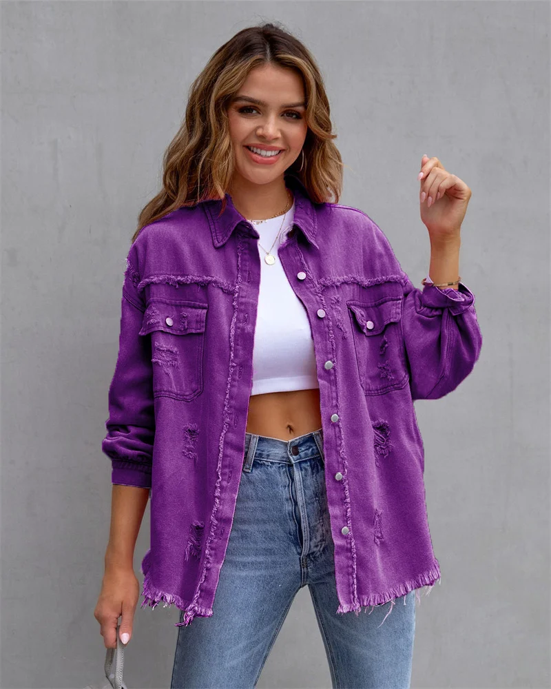 Women Denim Jacket New Autumn Loose Hole Tassel Lapel Casual Jeans Jacket Female Cardigan Coat Long Sleeve Outerwear Pink Purple