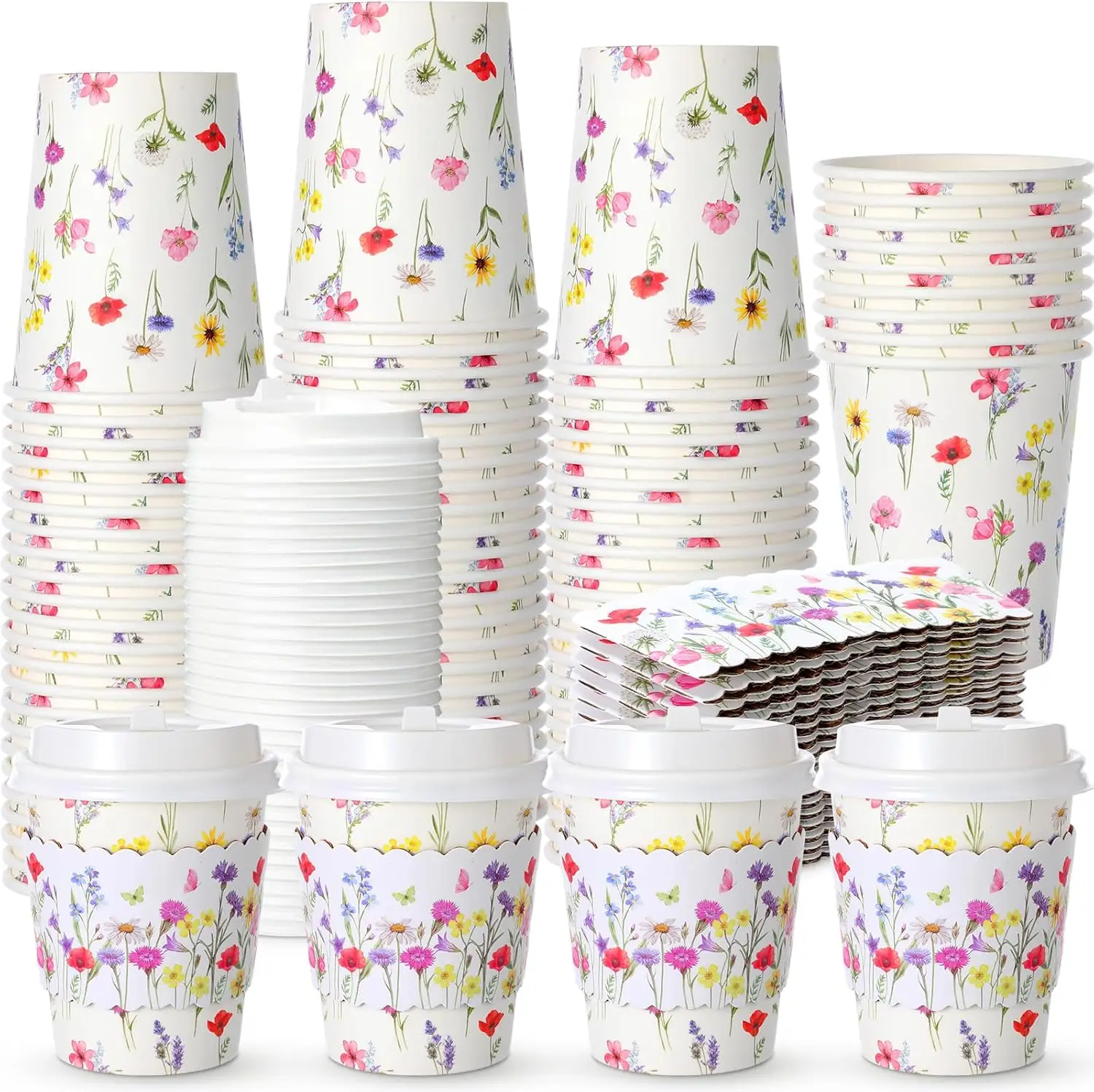 

100 Sets 8oz Floral Disposable Coffee Cups with Lids and Sleeves Wildflower Paper Hot Coffee Cups for Spring Party Weddi