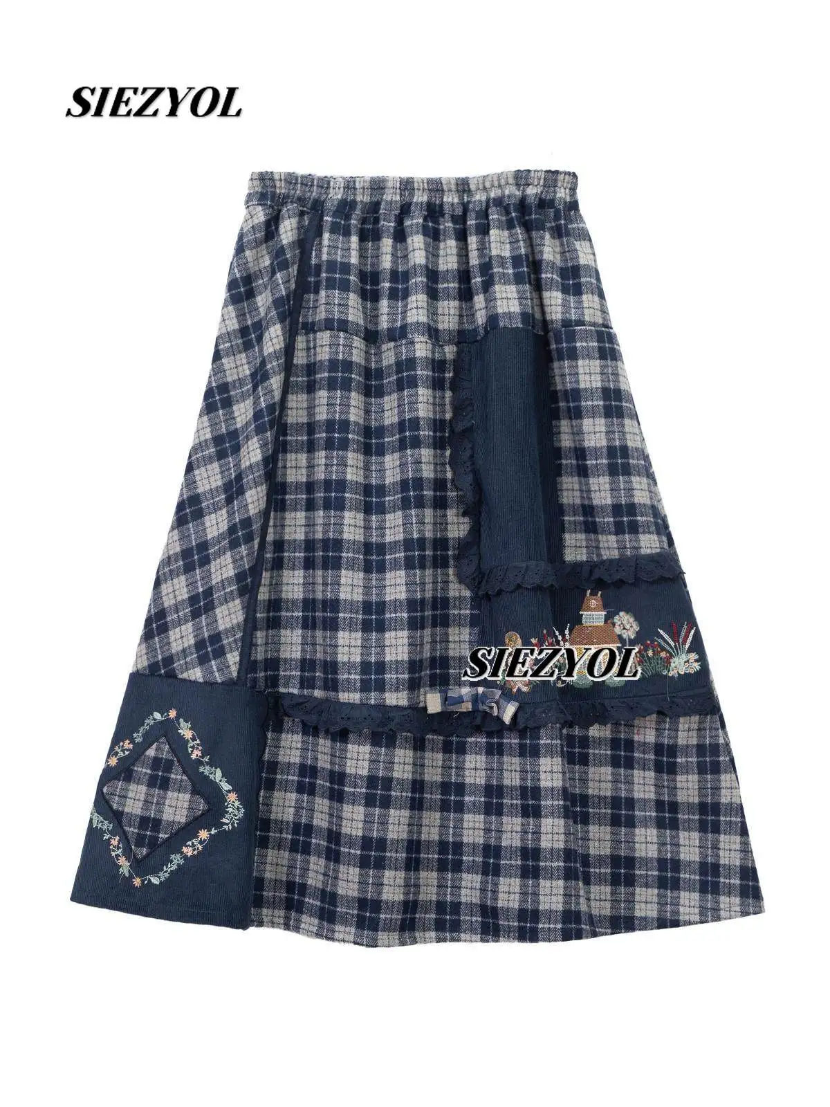Embroidered Lace Midi Skirt for Autumn Winter New Forest Style Sweet Wool Plaid Patchwork Elastic Fit High-waisted Long Skirts