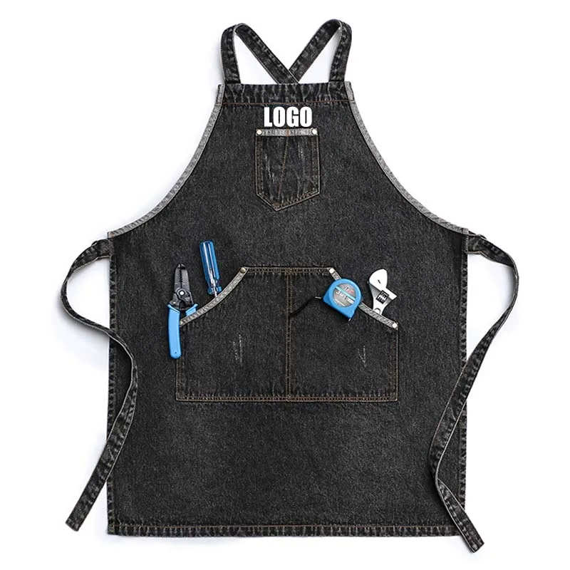 Custom Cotton Denim Fabric Apron with Pockets Jean Apron for Hairstylist Tool Pockets