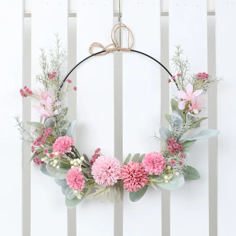 Iron Wire Wreath Artificial Flowers Bouquet Hydrangea Dandelion Rose Hoop for Front Door Wall Window Home Garden Decoration