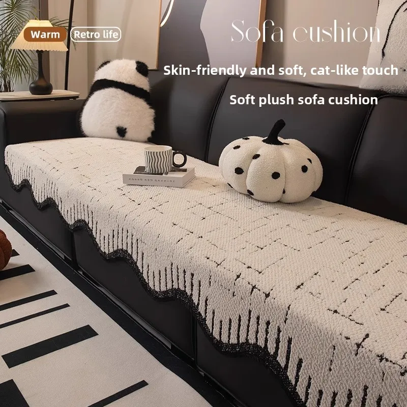 Fixed Non-Slip Sofa Cushion Autumn Winter New Style Leather Sofa  Pad One-Piece Sofa Cover Scarf Half Velvet Sofa Pad