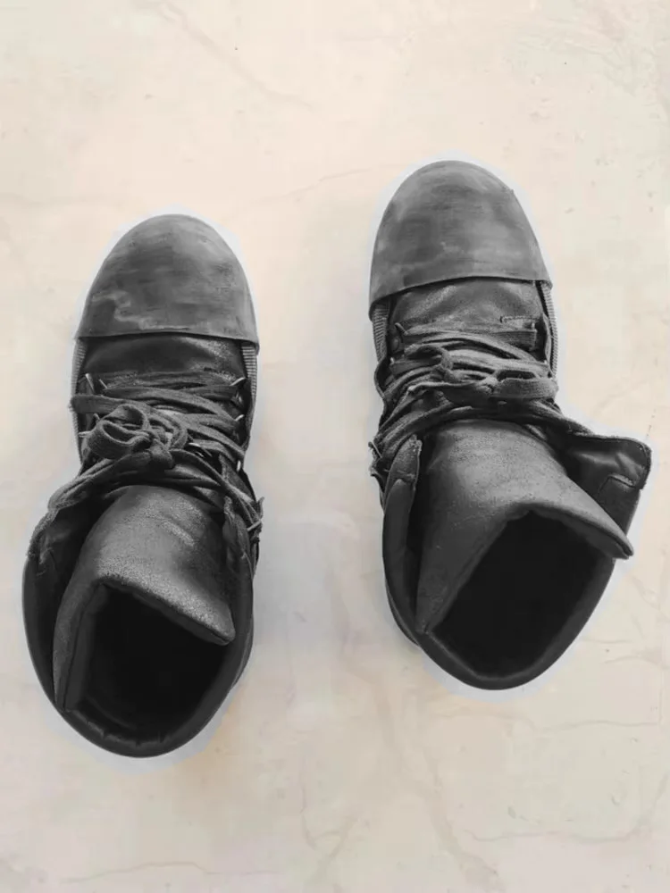 Gothic Design Men Cowhide Genuine Leather Ankle Boots Work Safety Shoes Vintage High Top Thick Platform Height Increasing Boots