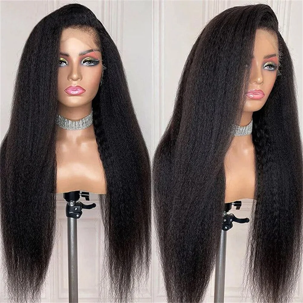 Longo macio natural preto 26 "preplucked 180 densidade kinky reta yaki peruca dianteira do laço para mulheres com cabelo do bebê sintético sem cola