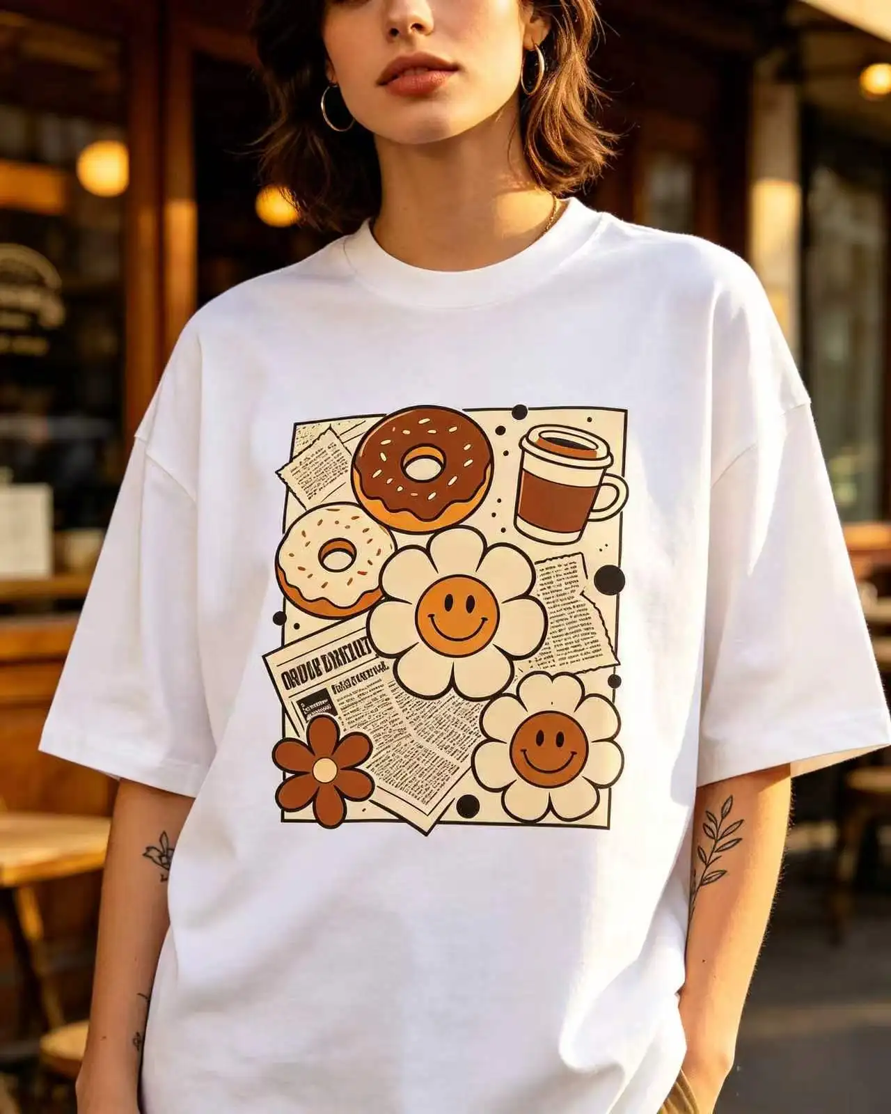 Unisex Retro Donut Coffee Smiley Flower Newspaper Collage Graphic T‑Shirt Men Women Cute Vintage Oversized Cotton Tee