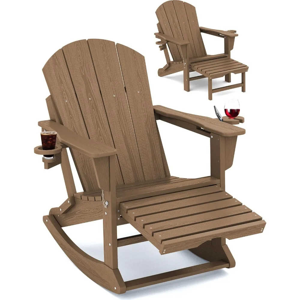 Brown HDPE Adirondack Rocking Chair with Retrac Ottoman and Cup Holders for Patio Porch